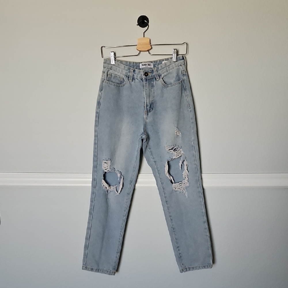 Skinny Fries Denim Mom Jeans Distressed Light Wash Blue Juniors 3